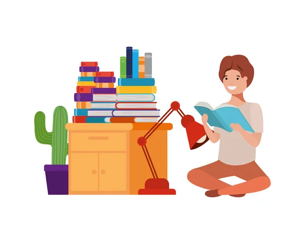 Man sitting with stack of books — Stock Vector