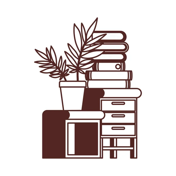 Cajón de madera con pila de libros en fondo blanco — Archivo Imágenes Vectoriales