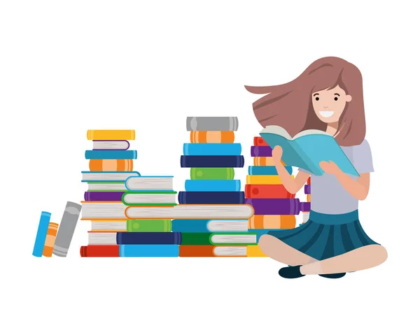 Femme assise avec une pile de livres — Image vectorielle