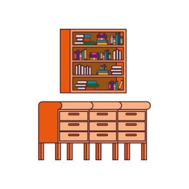 beyaz arka plan üzerinde kitap yığını ile masa ve raf