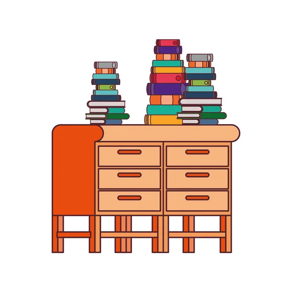 Desk with stack of books on white background — Stock Vector