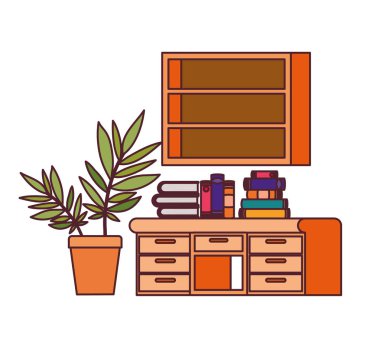 beyaz arka plan üzerinde kitap yığını ile masa ve raf