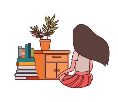 kitap yığını ile sırt ında oturan öğrenci kız