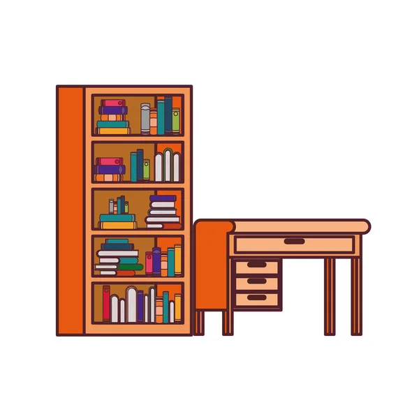 白い背景に本のスタックと机と棚 — ストックベクタ