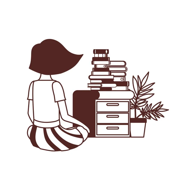 Student girl sitting on his back with stack of books — Stock Vector