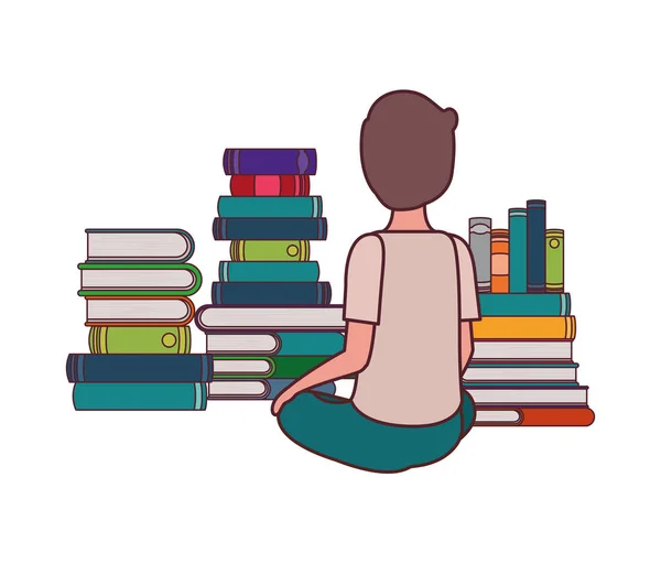 Student jongen zittend op zijn rug met stapel boeken — Stockvector