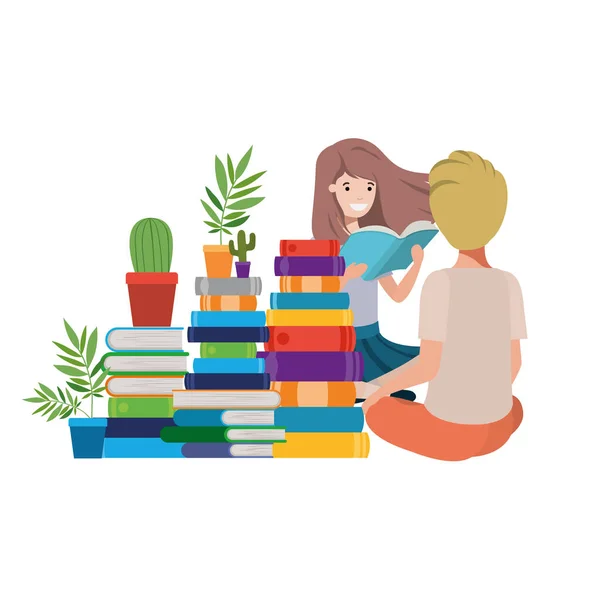 Couple sitting with stack of books — Stock Vector