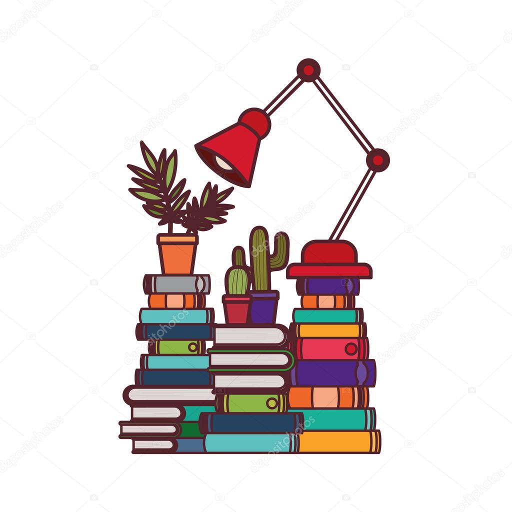 stack of books and lamp on white background