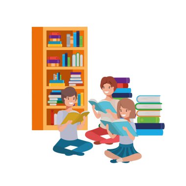 kitap yığını ile oturan bir grup insan