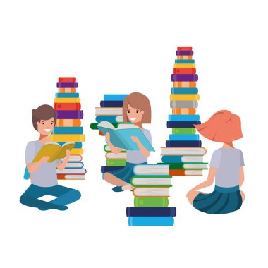 kitap yığını ile oturan bir grup insan