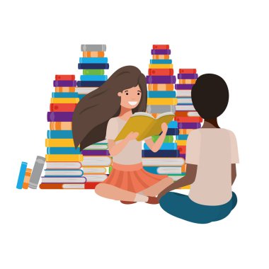 kitap yığını ile oturan çift