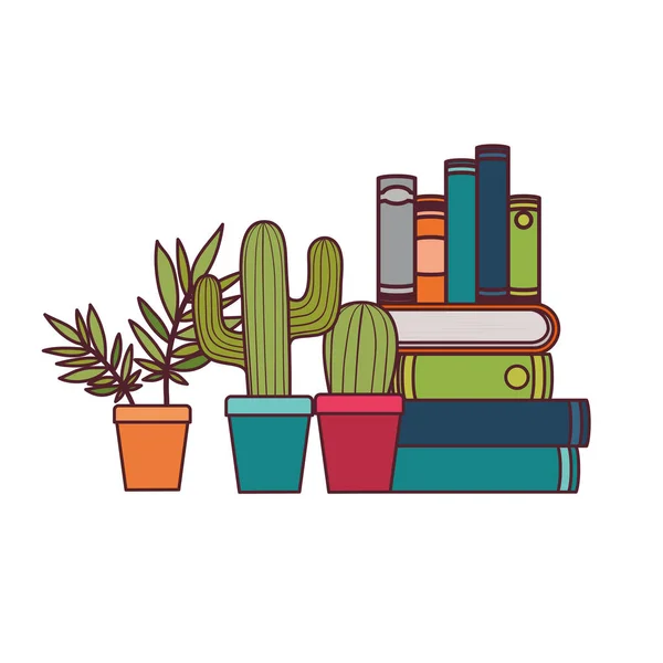 Pila de libros con planta de interior sobre fondo blanco — Vector de stock