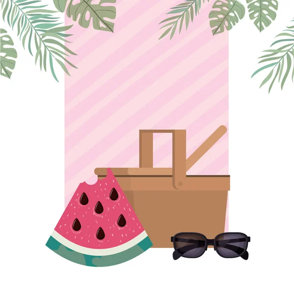 Picnic basket with portion of watermelon — Stock Vector