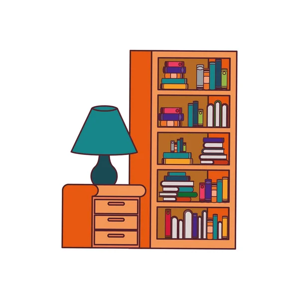 Shelving with books and wooden drawer — Stock Vector