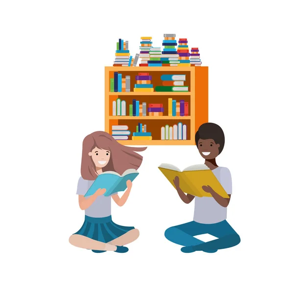 Pareja sentada con pila de libros — Vector de stock