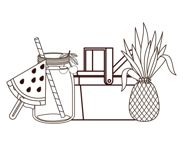 Silueta de cesta de picnic con bebida refrescante para el verano — Archivo Imágenes Vectoriales