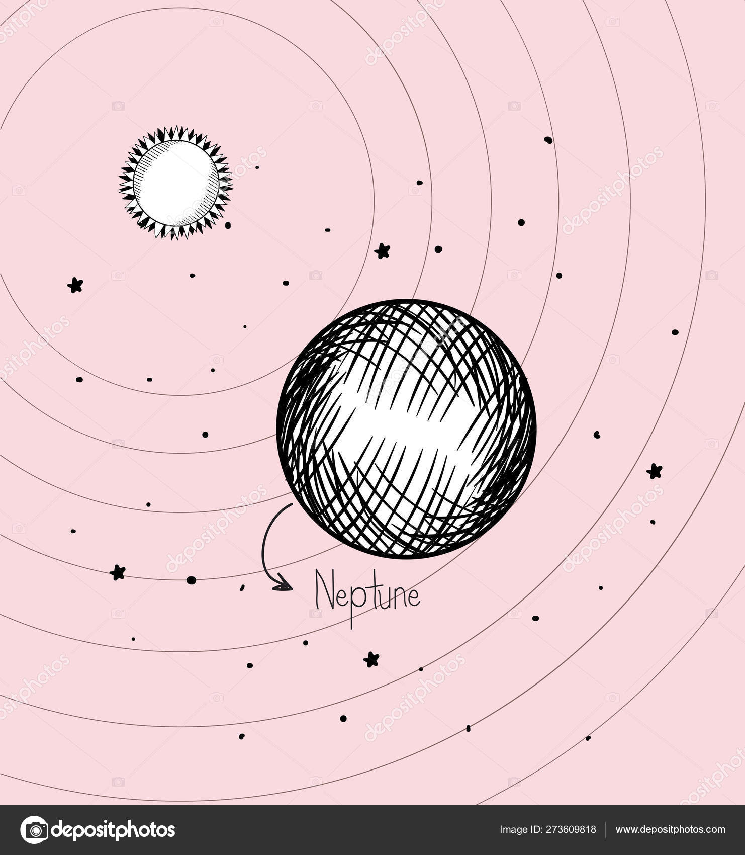 Neptune Planet And Sun Draw Of Solar System Design Stock