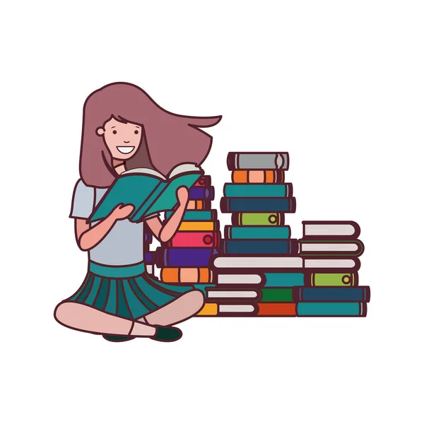 Estudante menina com livro de leitura nas mãos — Vetor de Stock