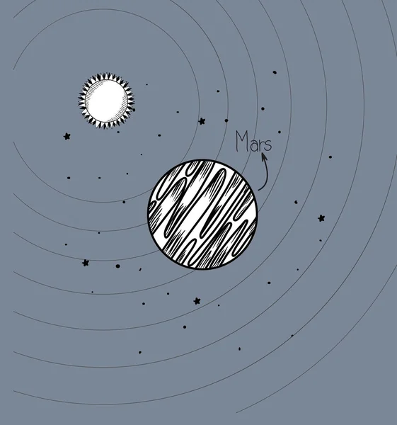 Planeta Marte e desenho do sol do projeto do sistema solar — Vetor de Stock