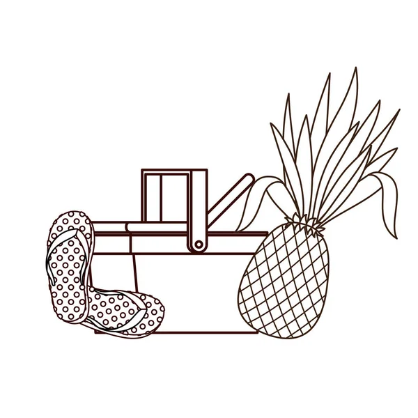 Silueta koše na piknik s tropickým ovocem — Stockový vektor