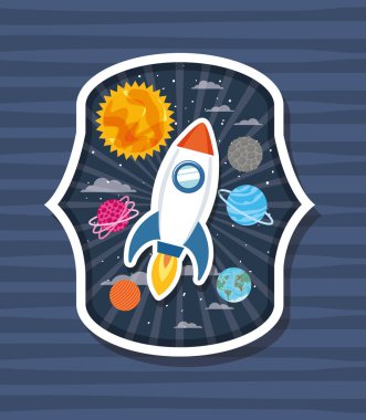 Gezegenler tasarım vektör illüstrasyon ile etiket üzerinde roket