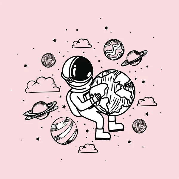 Astronaut Draw med planeter design — Stock vektor