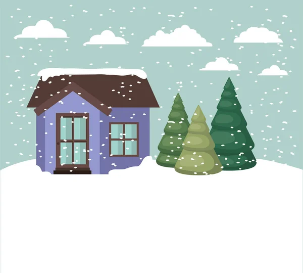 Snowscape with cute house scene vector — Stock Vector