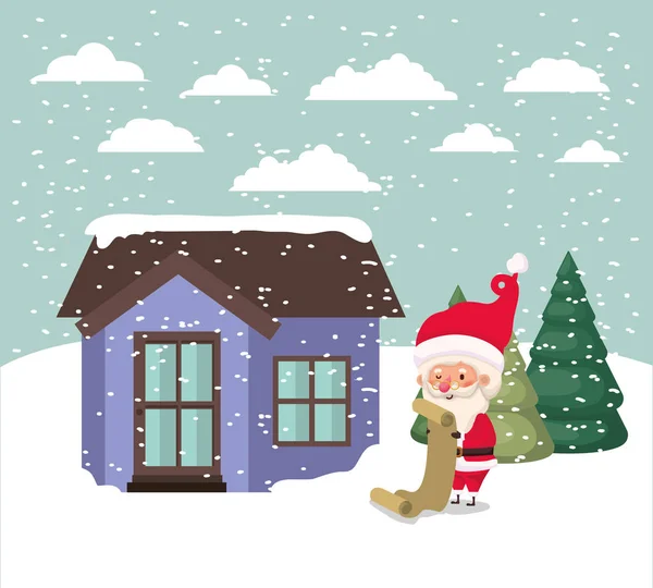 Schneelandschaft mit niedlichem Haus und Weihnachtsmann-Szene — Stockvektor