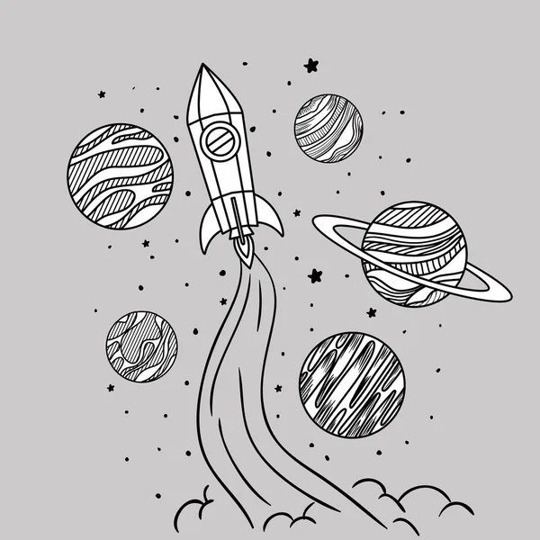 Planets draws of solar system and rocket design — Stock Vector