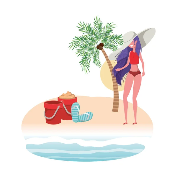 Žena na ostrově s plavkami a kbelíkem s pískem — Stockový vektor