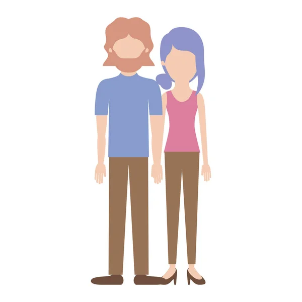 Pareja sin rostro silueta colorida y tanto con camiseta y pantalones y zapatos y él con el pelo de longitud media y la barba y ella con el pelo recogido y flecos — Vector de stock