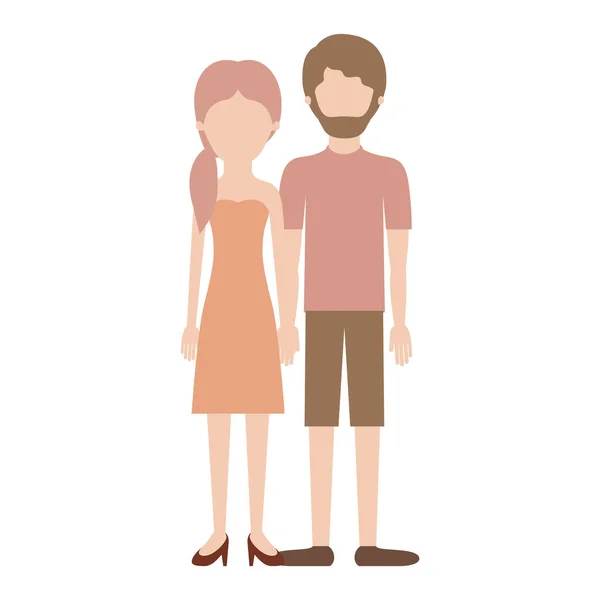 Pareja sin rostro silueta colorida y ella con vestido sin tirantes y zapatos de tacón con peinado de coleta y él con camiseta y pantalones cortos y zapatos con pelo corto y barba — Vector de stock