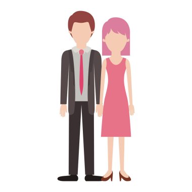 yüzsüz çift renkli siluet ve kısa saçlı takım elbise ve kravat ve pantolon ve ayakkabı ve orta uzunlukta saç ile elbise ve topuk ayakkabı ile onu