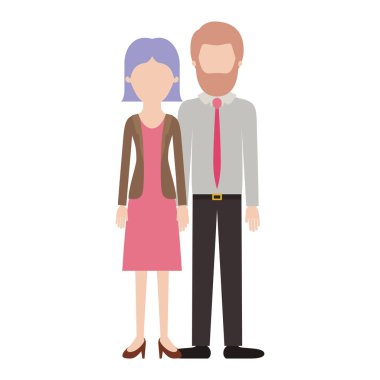 yüzsüz çift renkli siluet ve kısa düz saç modeli ile bluz ve ceket ve etek ve topuk ayakkabı ve kısa saçlı ve sakallı gömlek ve kravat ve pantolon ve ayakkabı ile onu