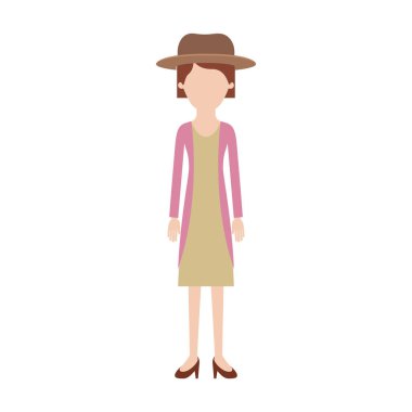 renkli siluet kısa saçlı ceket ve etek ve topuk ayakkabı ile şapka ve bluz ile yüzsüz kadın