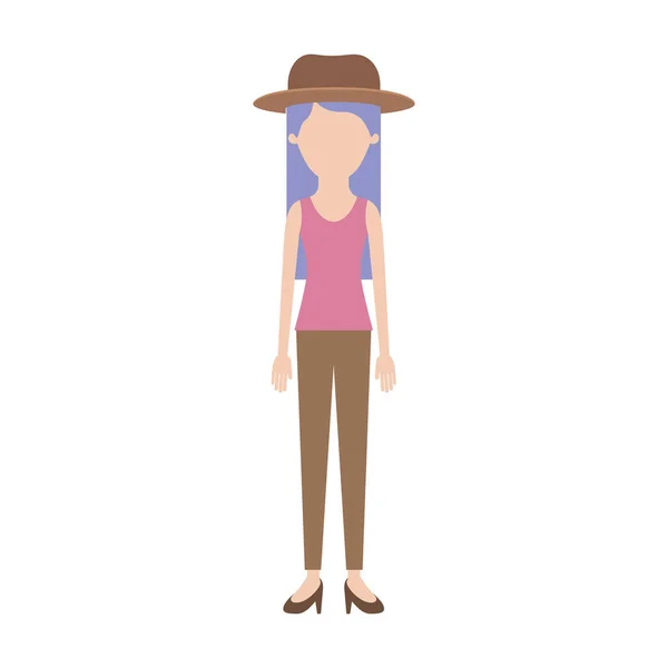 Безликая женщина в шляпе и футболке без рукавов и брюках и туфлях на каблуках с длинными прямыми волосами в красочном силуэте — стоковый вектор