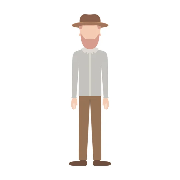Faceless człowiek z kapeluszem i koszulę i spodnie i buty z krótkimi włosami i brodą na kolorowej sylwetki — Wektor stockowy