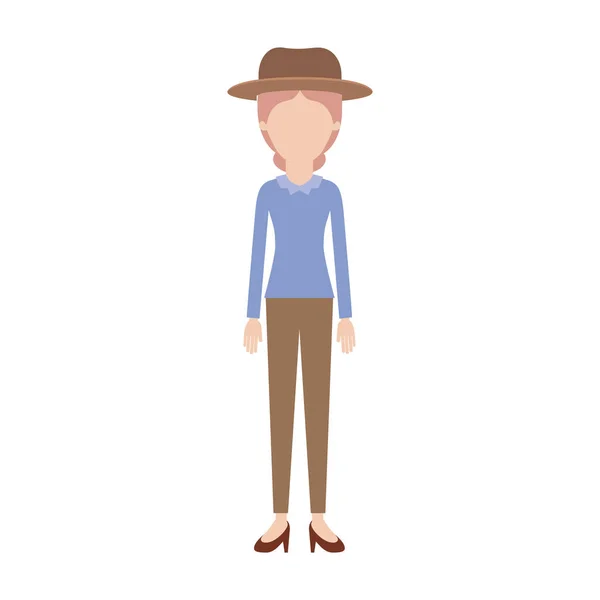 Donna senza volto con cappello e camicetta manica lunga e pantaloni e scarpe tacco con capelli raccolti in silhouette colorata — Vettoriale Stock