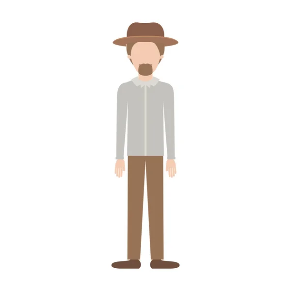 Hombre sin rostro con sombrero y camisa y pantalones y zapatos con pelo corto y barba de perilla en silueta colorida — Archivo Imágenes Vectoriales