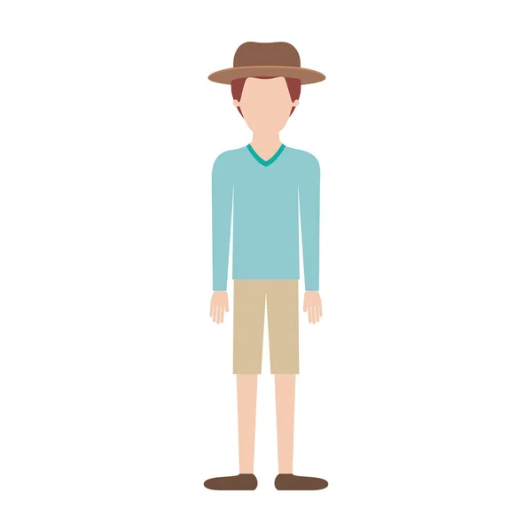 Hombre sin rostro con sombrero y suéter y pantalones cortos y zapatos con pelo corto en silueta de colores — Archivo Imágenes Vectoriales
