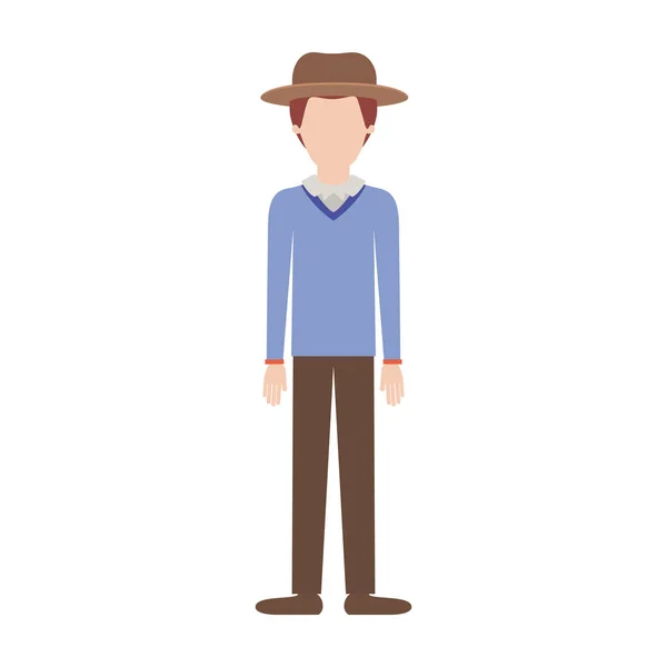 Faceless człowiek z kapeluszem i sweter i spodnie i buty z zarost brodę na kolorowej sylwetki — Wektor stockowy