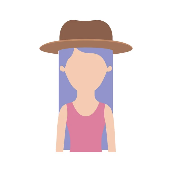 Mujer sin rostro medio cuerpo con sombrero y camiseta sin mangas y pelo largo y recto en silueta colorida — Vector de stock