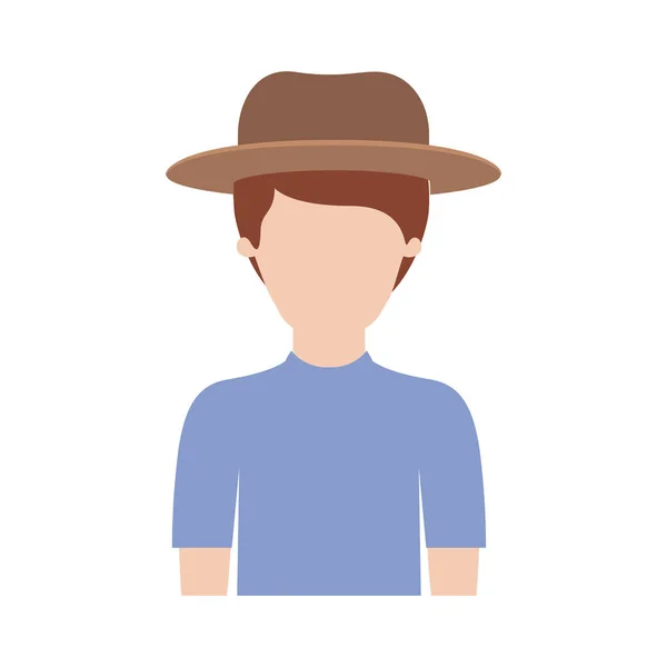 Gesichtsloser Mann Halbkörper mit Hut und T-Shirt mit kurzen Haaren in bunter Silhouette — Stockvektor