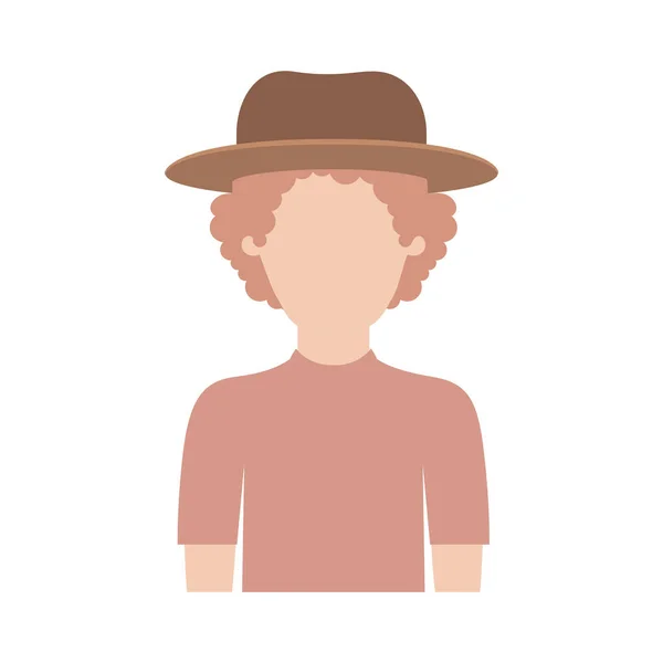 Hombre sin rostro medio cuerpo con sombrero y camiseta con pelo rizado en silueta colorida — Archivo Imágenes Vectoriales