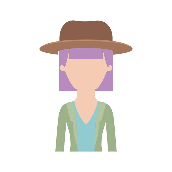 Απρόσωπος γυναίκα μισό σώμα με καπέλο και μπλούζα με μπουφάν με χτένισμα μανιταριών σε πολύχρωμη σιλουέτα — Διανυσματικό Αρχείο