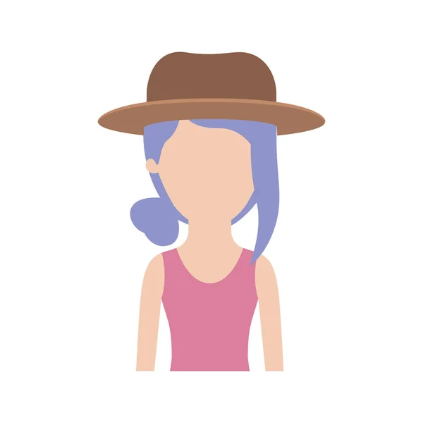 Mujer sin rostro medio cuerpo con sombrero y camiseta sin mangas con pelo recogido y flecos en silueta de colores — Vector de stock