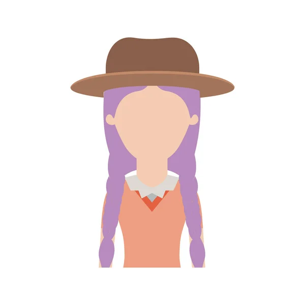 Mujer sin rostro medio cuerpo con sombrero y blusa con pelo trenzado en silueta colorida — Vector de stock