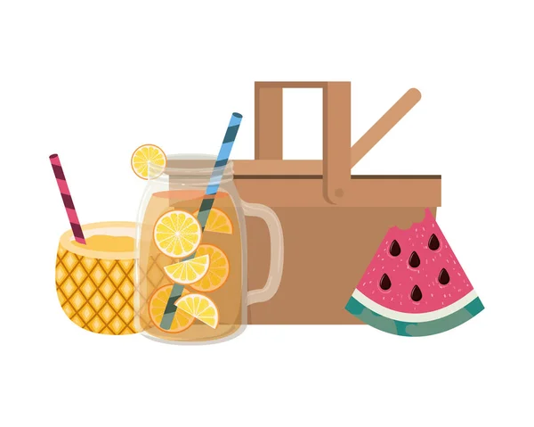 Picknickmand met ananas cocktail op witte achtergrond — Stockvector