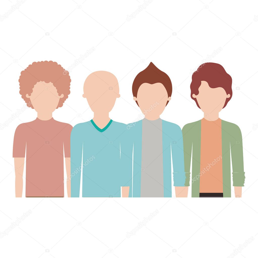 faceless men in half body with casual clothes with short hair and hairstyles different in colorful silhouette