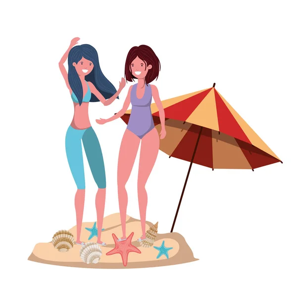 Mujeres con traje de baño en la playa y sombrilla — Vector de stock